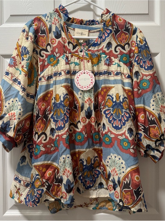 Umgee Tops - Umgee Cream Floral Boho Blouse with Rust & Blue Accents